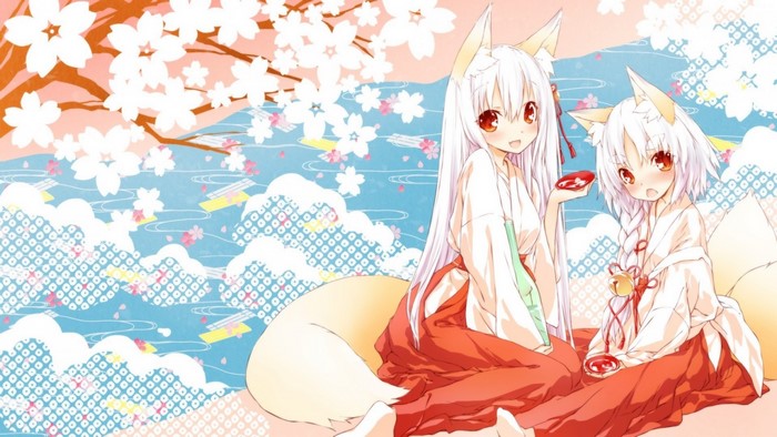 Two fox girls with white hair and red eyes under cherry blossoms