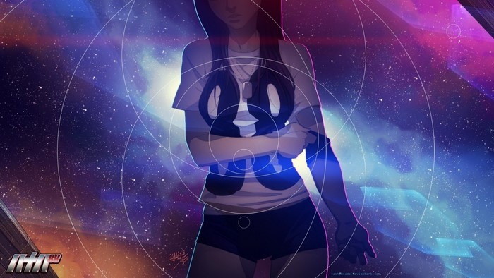 Illustration of a girl in space with geometric overlays