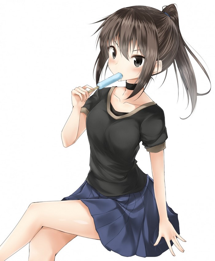 Anime girl with black hair eating ice cream