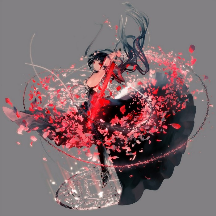 Anime girl with black hair, red eyes, black dress, sword, and rose petals