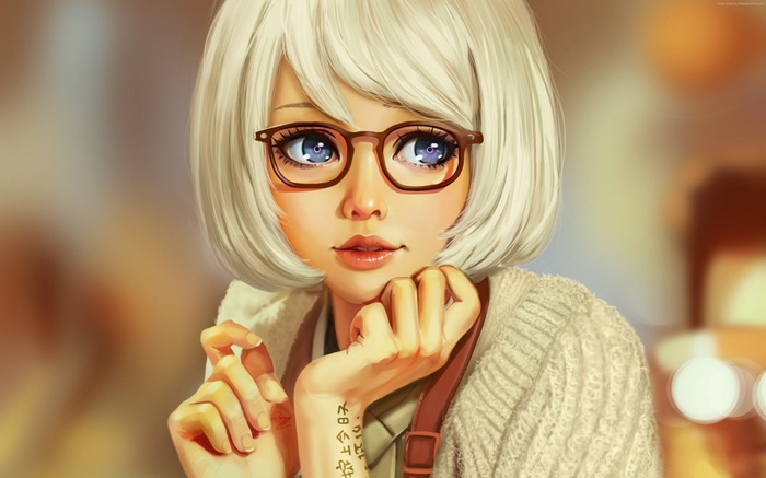 Anime girl with glasses and white hair