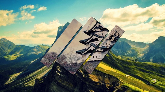 Collage of Japanese castle and mountain landscape