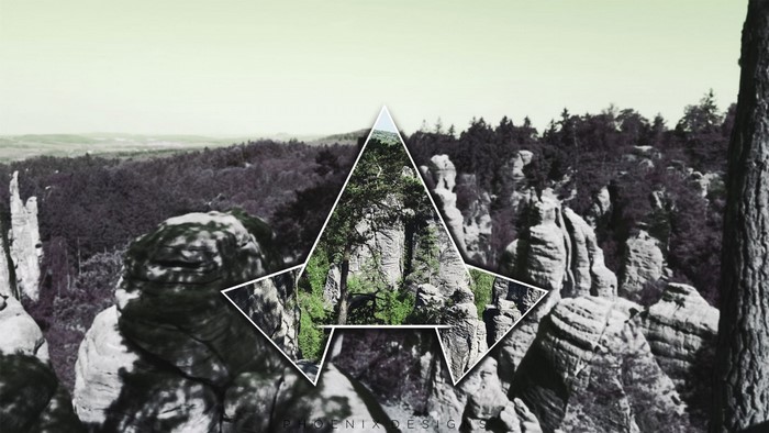 Rocky landscape with trees and a star shape overlay