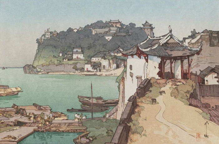 Yoshida Hiroshi painting of a Japanese coastal village with boats