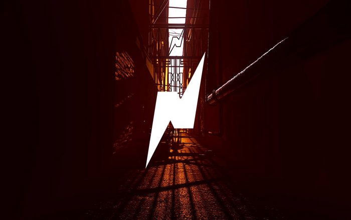 White lightning bolt logo in a dark alley
