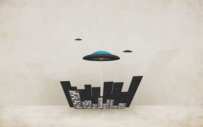 UFOs hovering over a stylized city