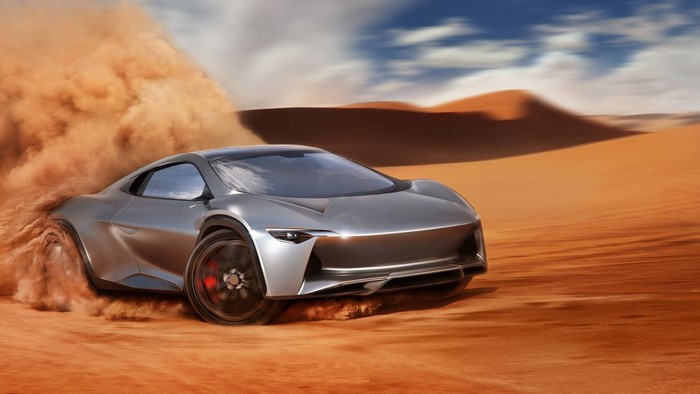 Silver concept sports car drifting in desert sand