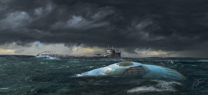 Submarine and UFO in a stormy sea