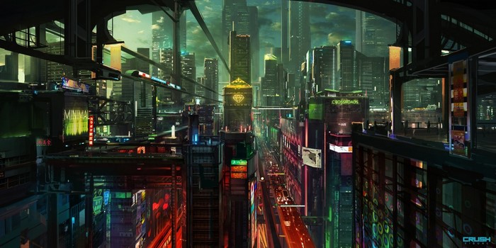 Cyberpunk cityscape with neon lights and elevated train