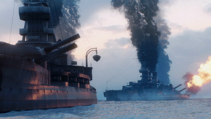 Battleships engaged in naval combat with explosions and smoke