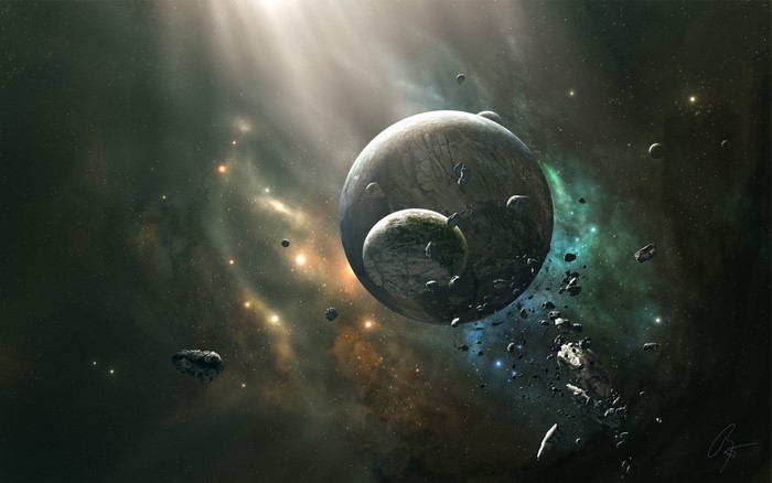 Planets and asteroids in a colorful nebula