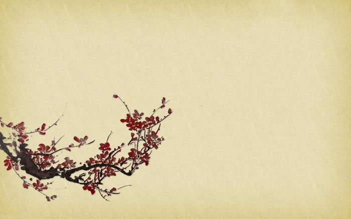 Red plum blossoms on a textured parchment