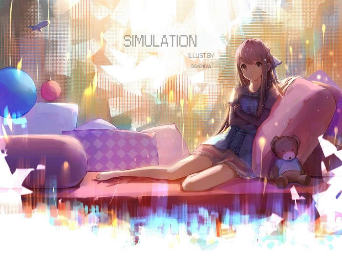 Anime girl sitting on a couch with a teddy bear