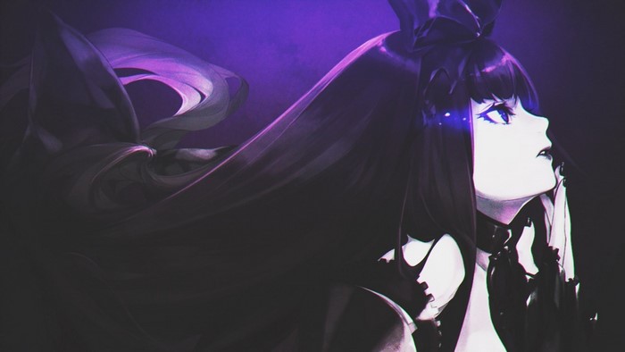 Anime girl with long black hair and purple accents