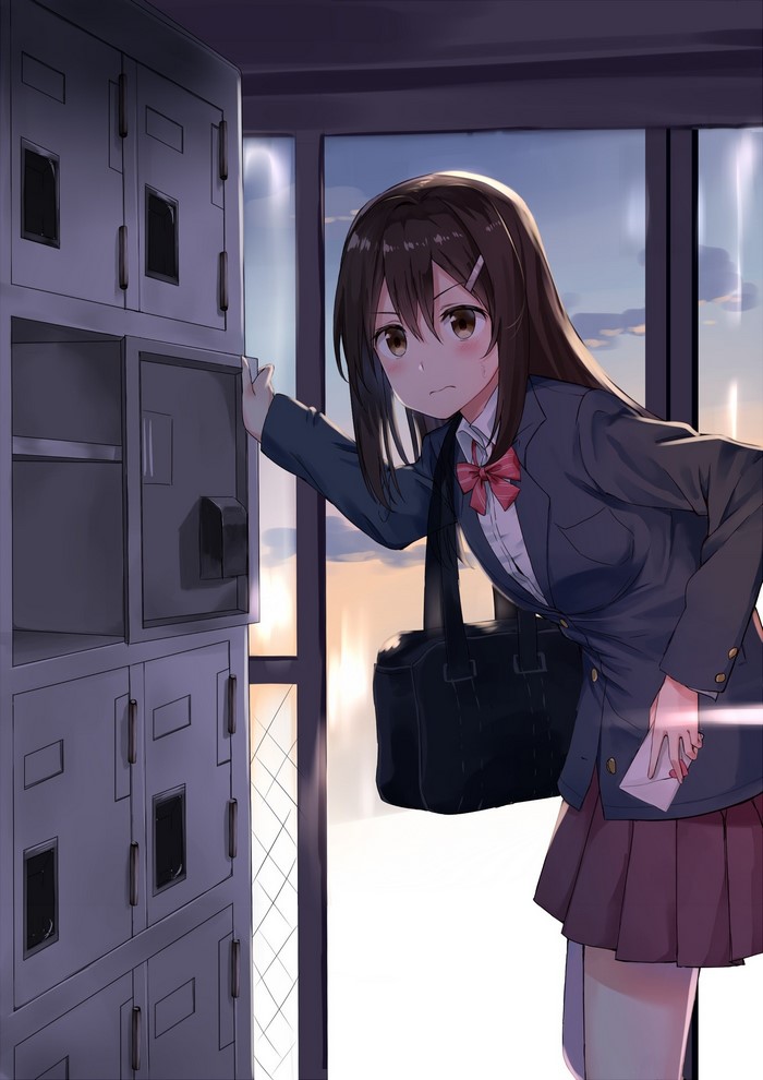 Anime girl in school uniform by lockers