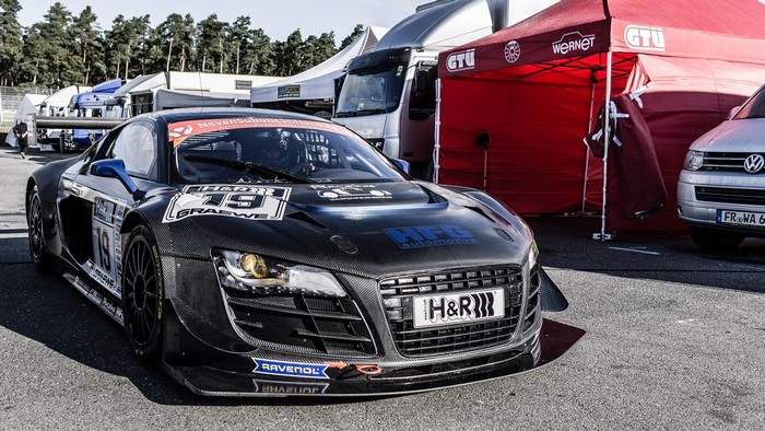 Audi R8 GT3 race car with H&R branding