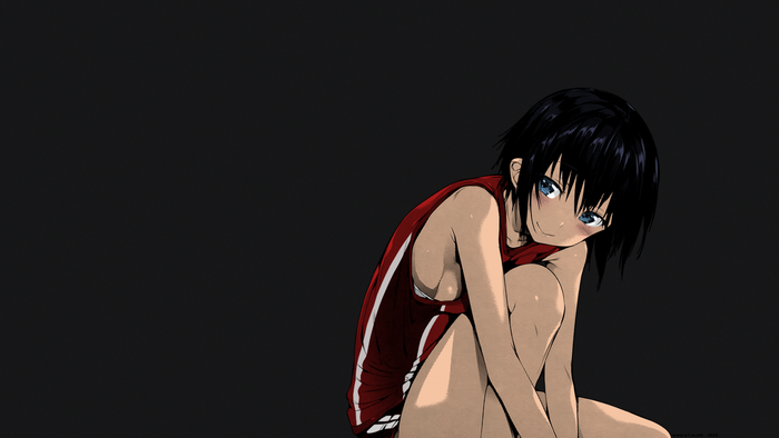 Anime girl with black hair and blue eyes in sportswear