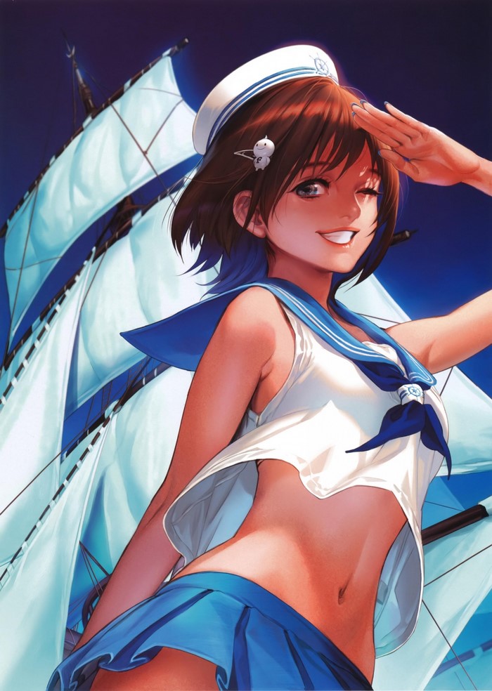 Anime girl in sailor uniform saluting on a sailboat