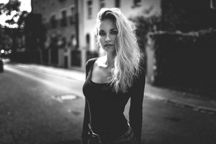 Monochrome portrait of a woman with blonde hair