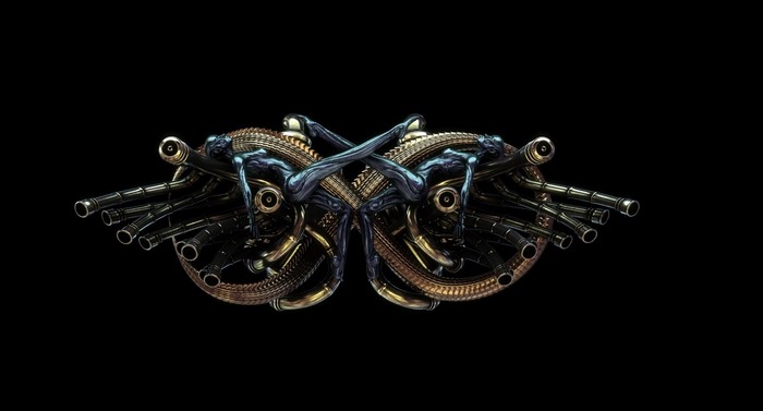 Symmetrical biomechanical jewelry with metallic tubes and figures