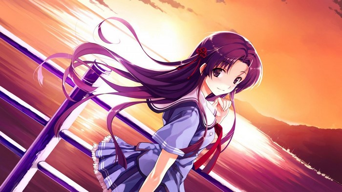 Anime girl with purple hair at sunset