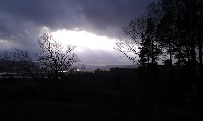Sunlight breaking through dark clouds over a forest landscape