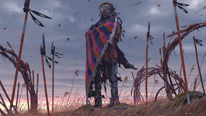 Robot vagabond wrapped in a colorful blanket in a field