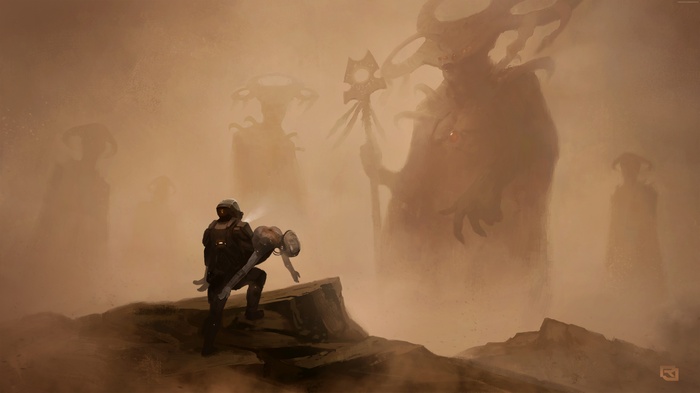 Astronaut carrying alien in a desolate landscape with giant figures