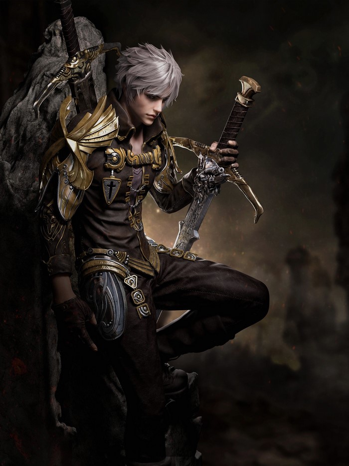 Man with silver hair and ornate armor holding a sword