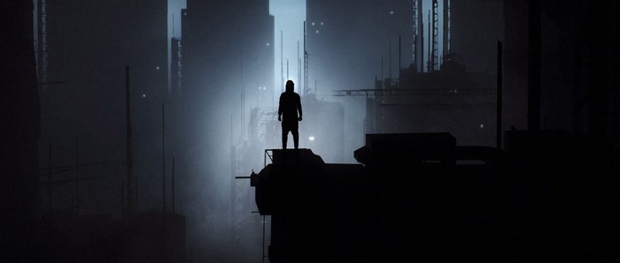 Silhouette of a person standing on a rooftop in a foggy city at night