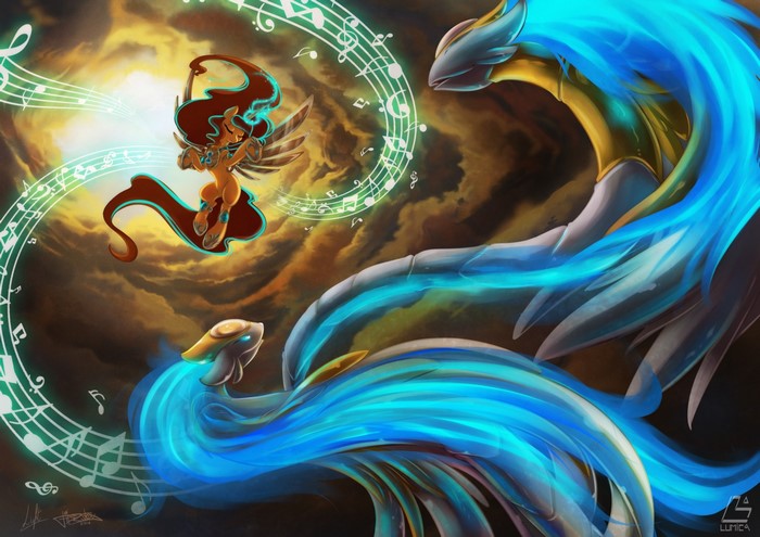 Pony character with dragons and musical notes