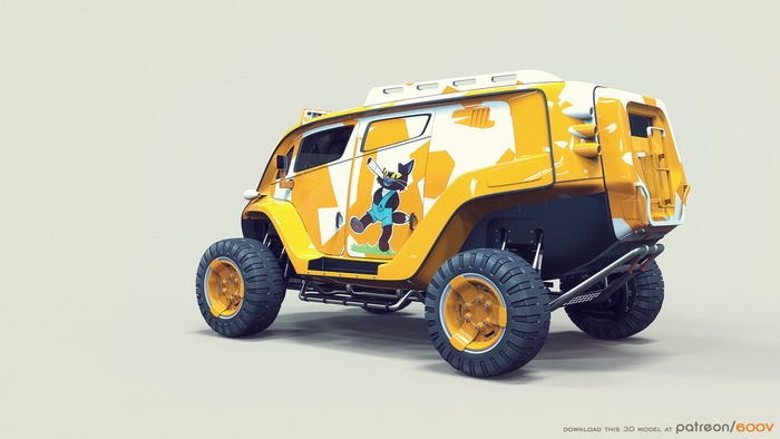 Yellow off-road concept vehicle with cartoon cat decal