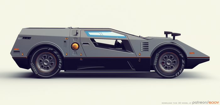 Gray and black futuristic sports car with Pirelli tires