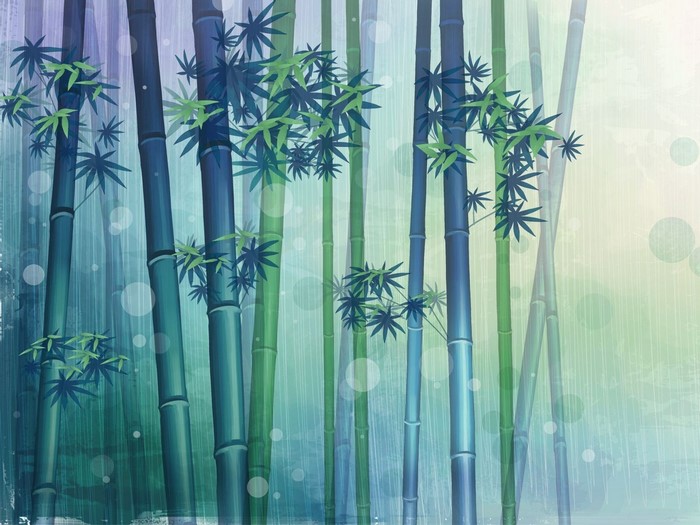 Watercolor painting of bamboo stalks with green leaves