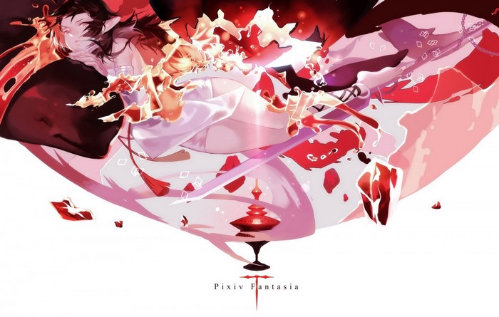Anime illustration with red and white elements
