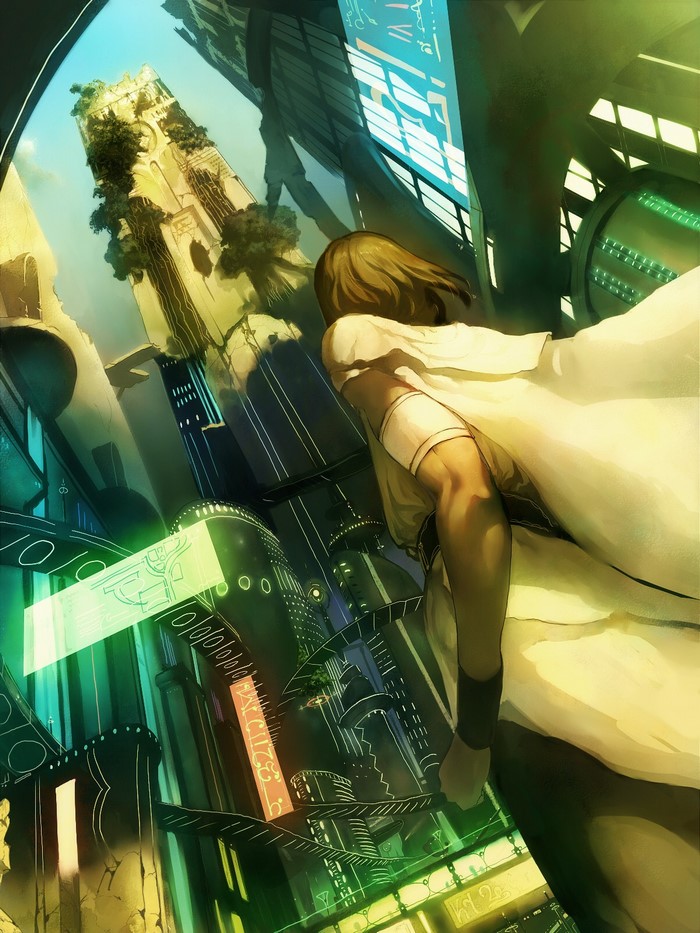 Anime illustration of a person overlooking a futuristic city