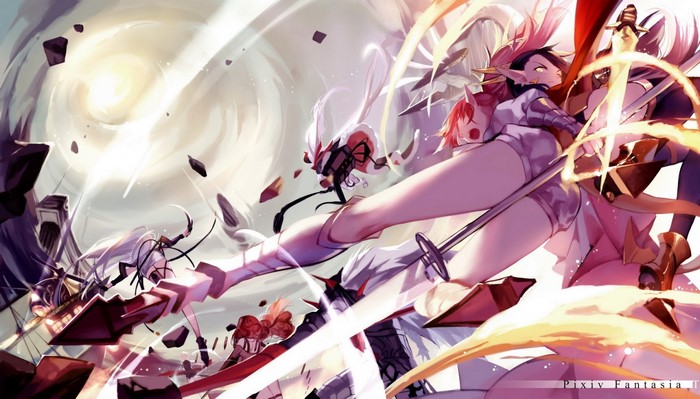 Anime girls with swords in a battle