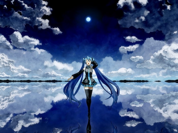 Hatsune Miku Standing Under Moonlit Sky Reflection
