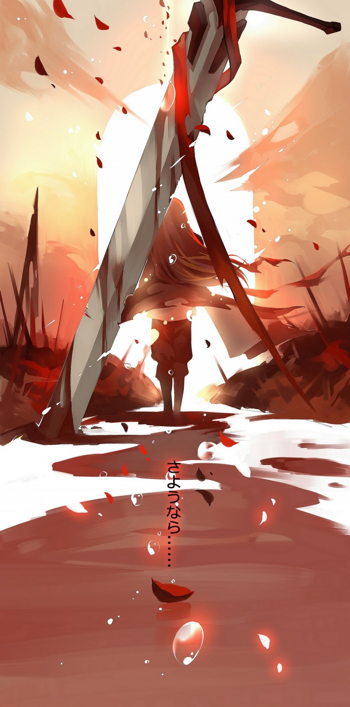 Anime girl with large sword and red petals