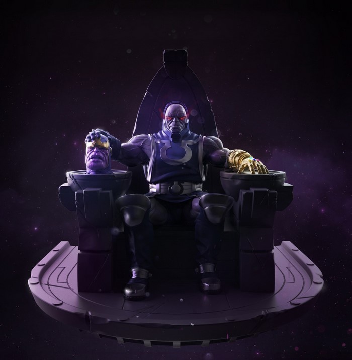 Darkseid sitting on throne holding Thanos' head
