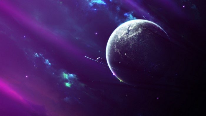 Fantasy art of a planet in space with nebulae