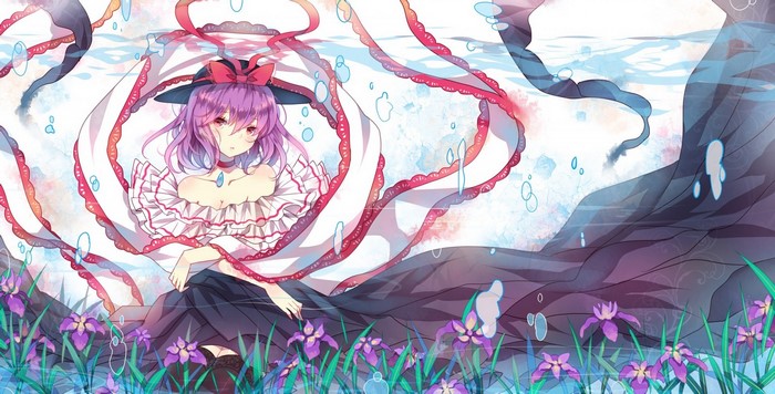 Anime girl with purple hair and white dress