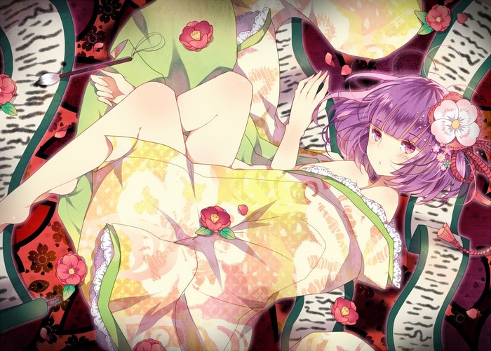 Anime girl in kimono with flowers and paintbrush