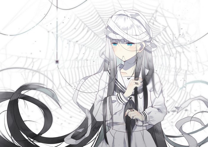 Anime girl with white hair and blue eyes in a school uniform