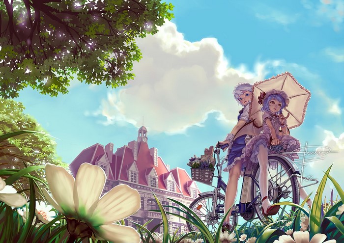 Izayoi Sakuya from Touhou with a bicycle