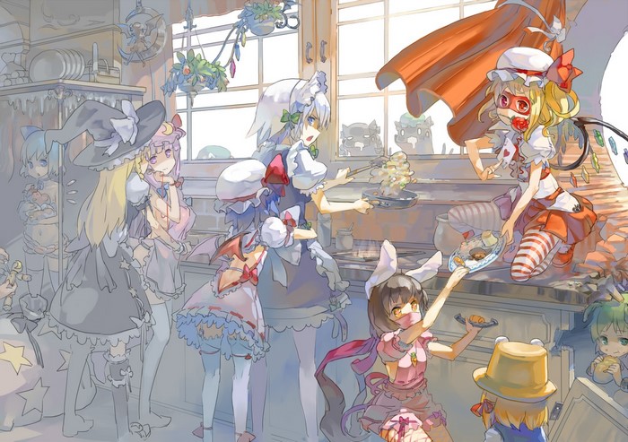 Anime girls cooking in a kitchen