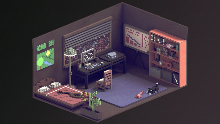 Voxel isometric bedroom with computer desk and bookshelf