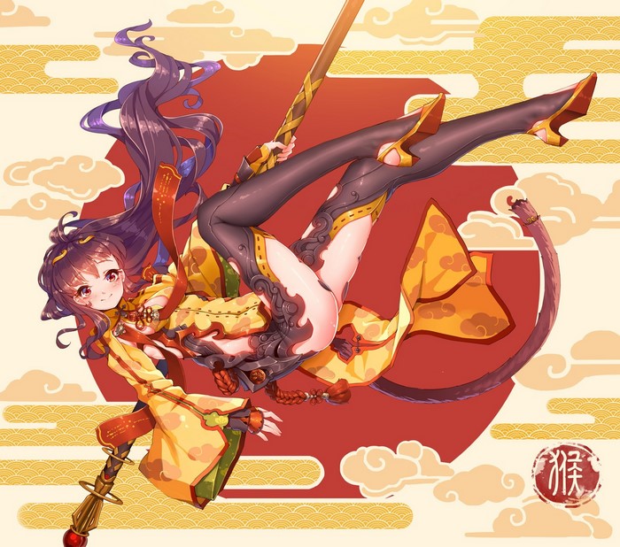 Anime girl with monkey tail and staff