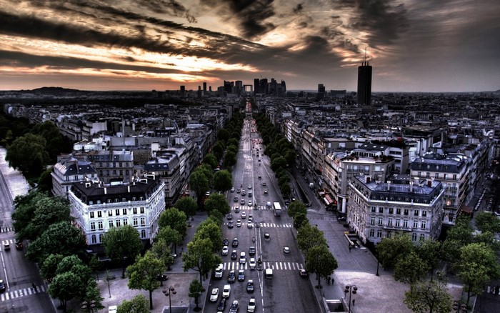 Aerial view of Paris Champs-Élysées with La Défense skyline