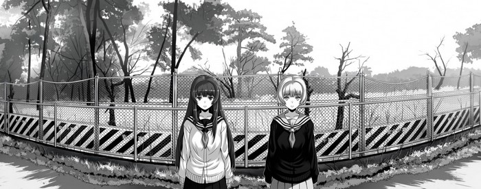Two anime girls in school uniforms by a fence